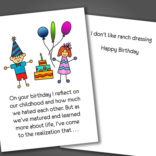 Funny happy birthday card  for a sibling with a drawing of boy and girl on front of card at a birthday party. Inside of the card is a random funny joke that ends in happy birthday.