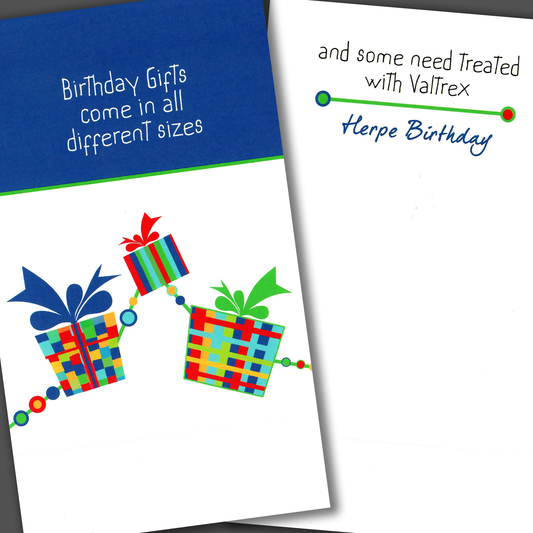 Funny adult birthday card with drawings of cake, balloons and wine glasses drawn on the front of card. Inside of the card is a funny joke that ends in herpe birthday
