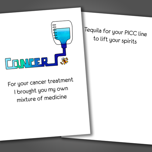 Funny cancer support card with the word cancer and an I.V. bag drawn on the front of the card. Inside of the card is a funny joke to lift the spirit of the person dealing with cancer.