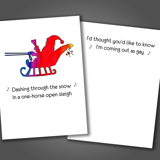 Christmas card from a gay person with a silhouette of Santa on the front of the card. Inside the card is a joke that says I am coming out as gay.