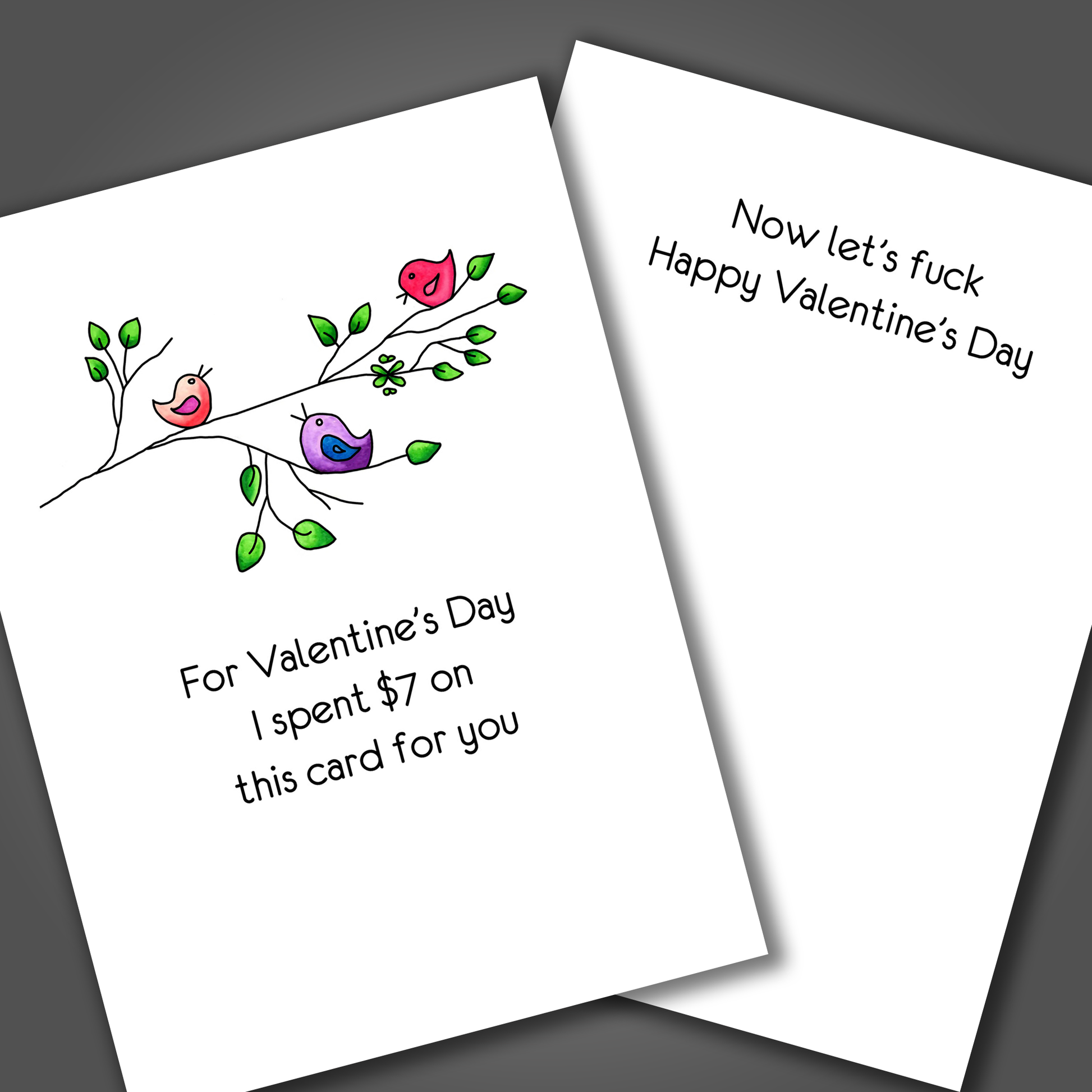 Funny Valentine's day card with 3 birds hand drawn and sitting on a tree branch. Inside the card is a funny joke says let's fuck!