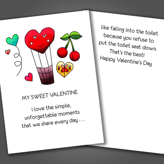 Funny Valentine's Day card with a multiple hearts and a balloon drawn on the front of the card. Inside the card is a funny joke that ends in Happy Valentine's Day!