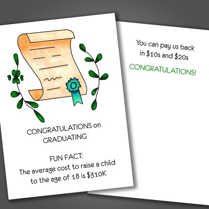 Funny graduation card with a diploma on the front of the card. Inside the card is a joke that says you can pay us back in $10s and $20s!