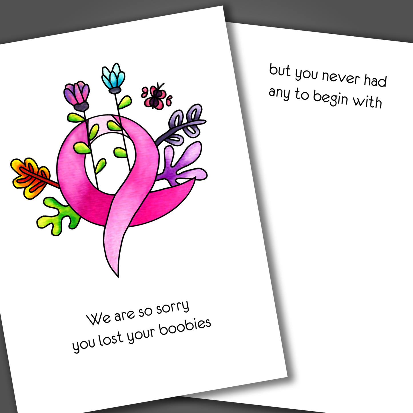 Funny No Boobies Breast Cancer Support Card, Watercolor Get Well Soon