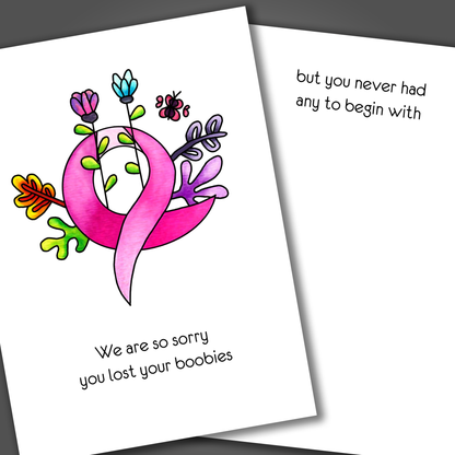 Funny No Boobies Breast Cancer Support Card, Watercolor Get Well Soon