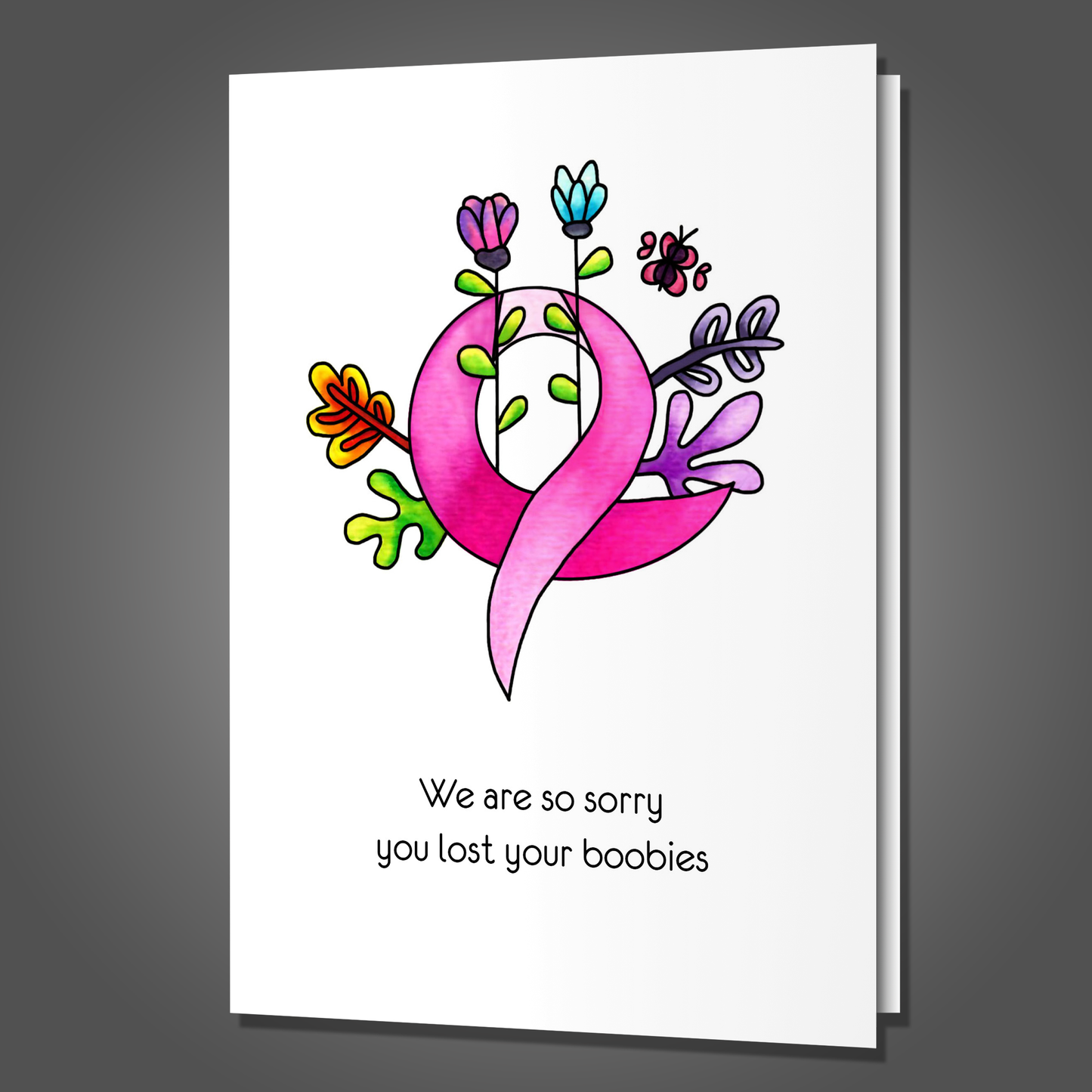 Funny No Boobies Breast Cancer Support Card, Watercolor Get Well Soon