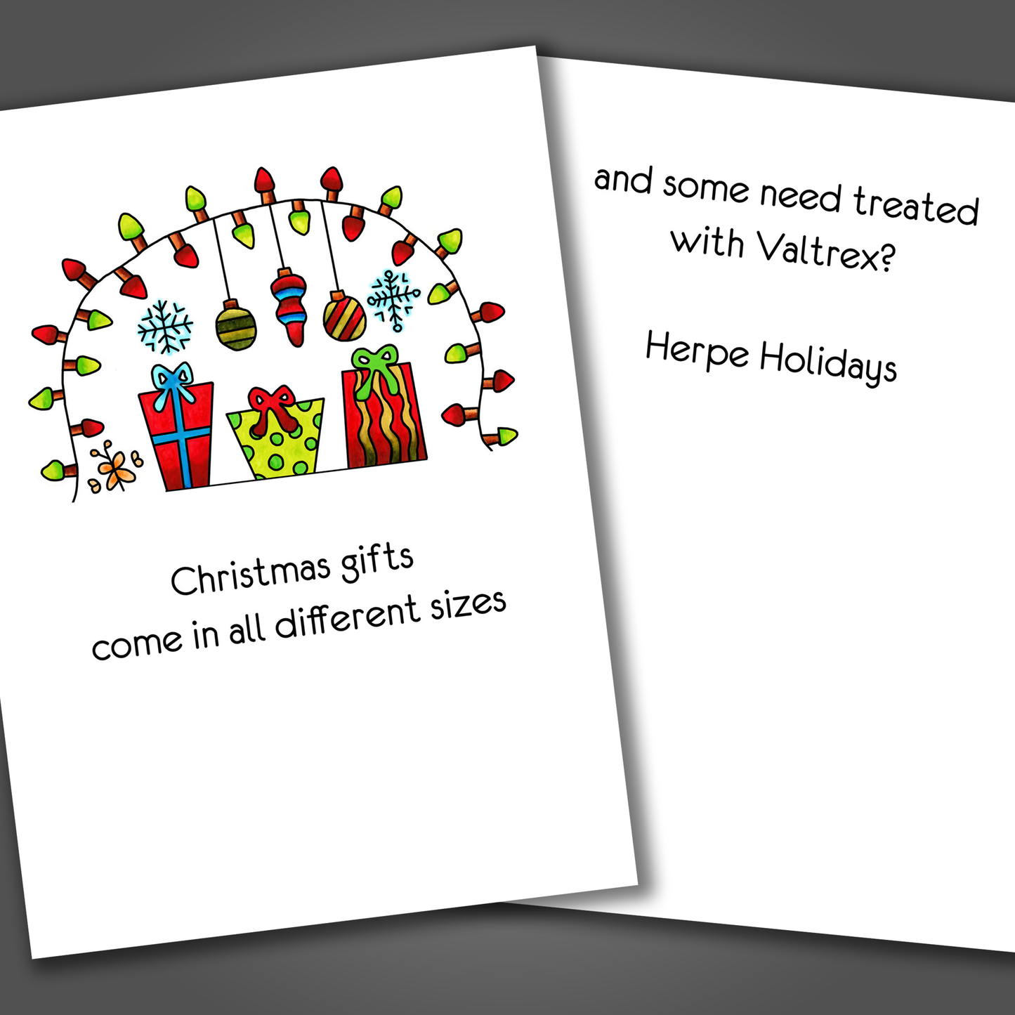 Funny Christmas card with gifts and lights on the front. Inside the card is a funny joke that ends with Herpe Holidays!