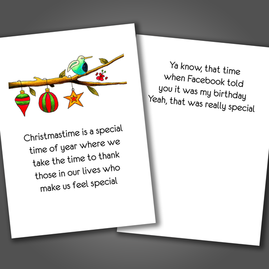 Funny Christmas cad with ornaments and a bird on the front of the card. Inside the card is a funny jokes that thanks Facebook for remembering your birthday.