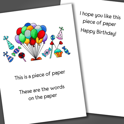 Cute birthday card with balloons and party hats drawn in several colors on the front of the card. Inside of the card is a funny joke that ends in happy birthday.