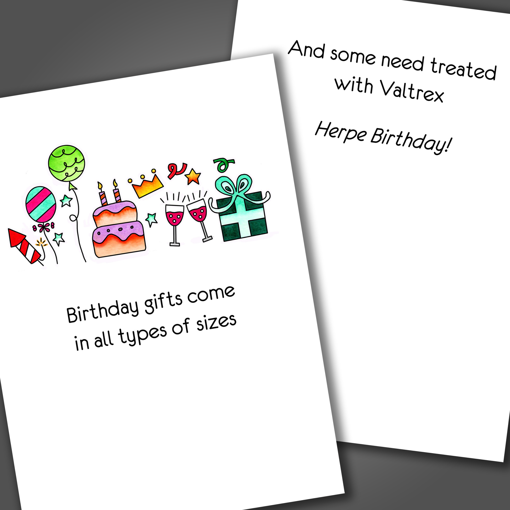 Funny adult birthday card with drawings of cake, balloons and wine glasses drawn on the front of card. Inside of the card is a funny joke that ends in herpe birthday