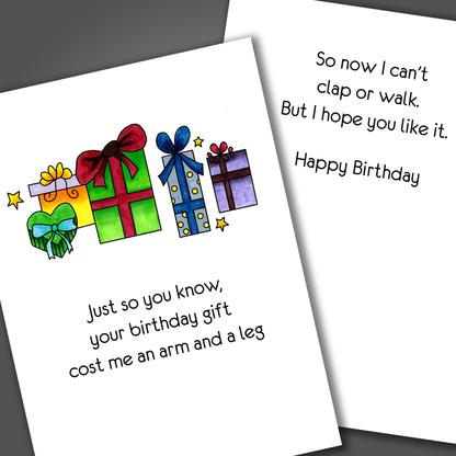 Funny happy birthday card with four birthday gift boxes hand drawn on the front of the card. Inside of the card is a funny joke that ends in happy birthday