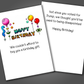 Funny birthday card with balloons on the front of the card. Inside is a funny joke that makes fun of Donald Trump and ends with happy birthday!