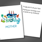 Funny happy birthday card for mom with word mother drawn on front of card in blue. Inside of the card is a funny joke  says I am gay and it is your fault