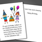 Funny happy birthday card  for a sibling with a drawing of boy and girl on front of card at a birthday party. Inside of the card is a random funny joke that ends in happy birthday.