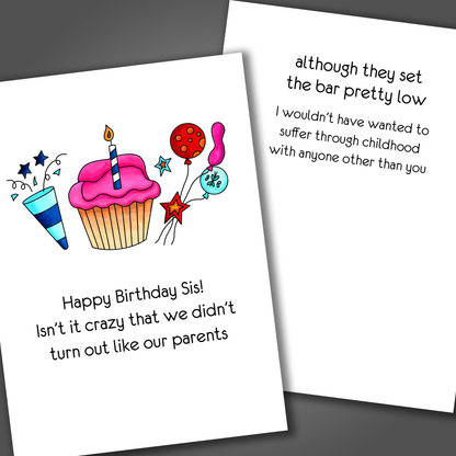 Funny happy birthday card for a sister with a drawing of a pink cupcake on the front of the card. Inside of the card is funny joke it thanks the sister and says happy birthday