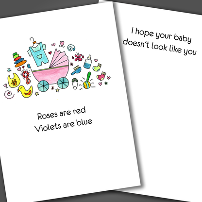 Funny new baby or adoption card with pink baby stroller on front of card. Inside the card is a funny joke for the new parent.