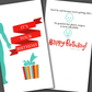 Funny birthday card on sale with balloons and party favors drawn on front of card and a funny joke inside of the card that says be thankful plastic surgery is getting cheaper.