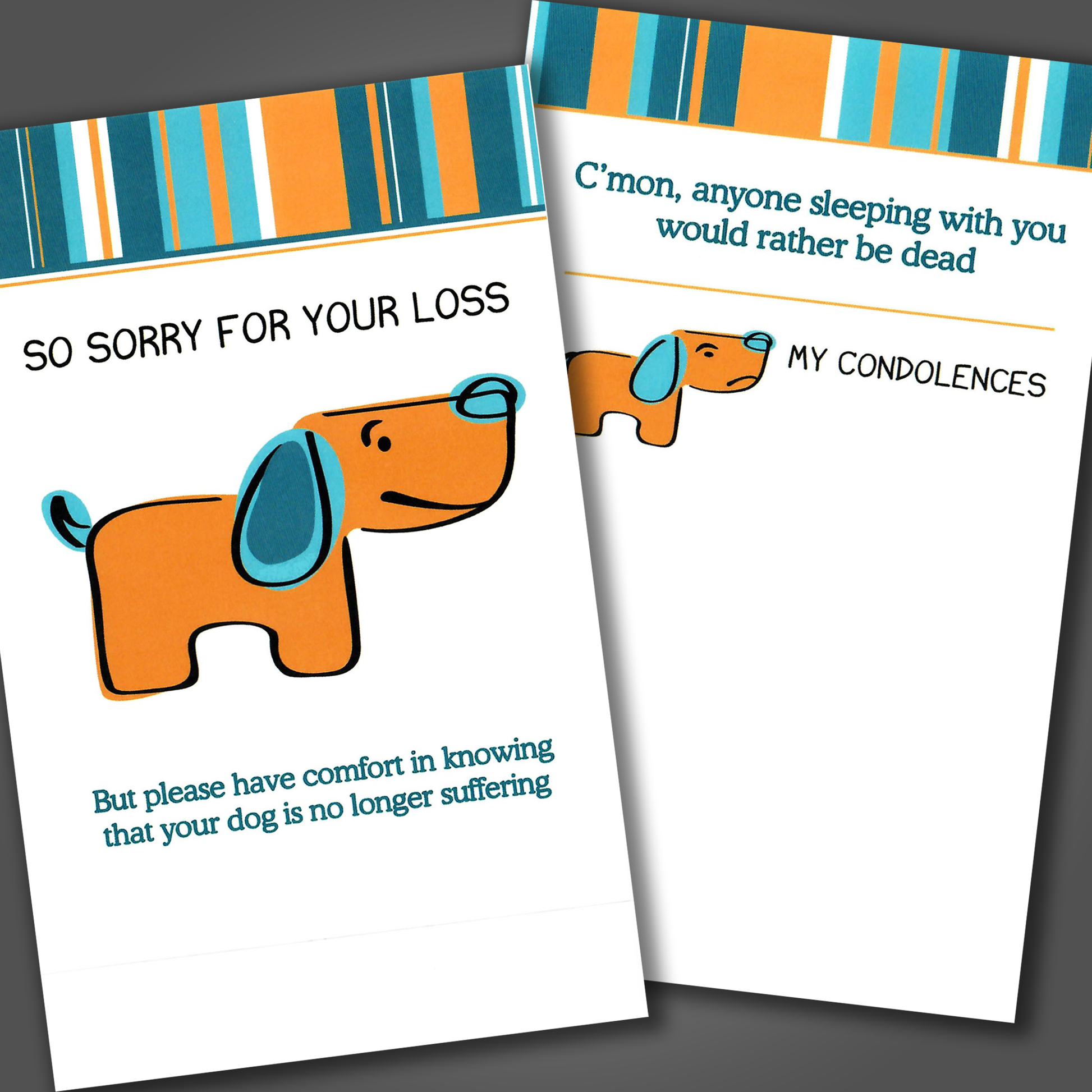 Sympathy card for the death of a dog with dogs and dog toys drawn on the front of the card. Inside the card is a funny joke that tries to make the person laugh. THIS IS A CLEARANCE CARD
