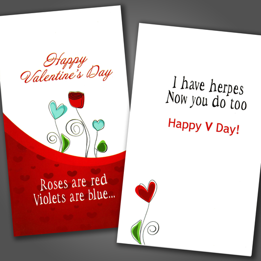 Funny Valentine's card with flowers and red stripe on front of card and funny joke inside card that ends with Happy V Day!