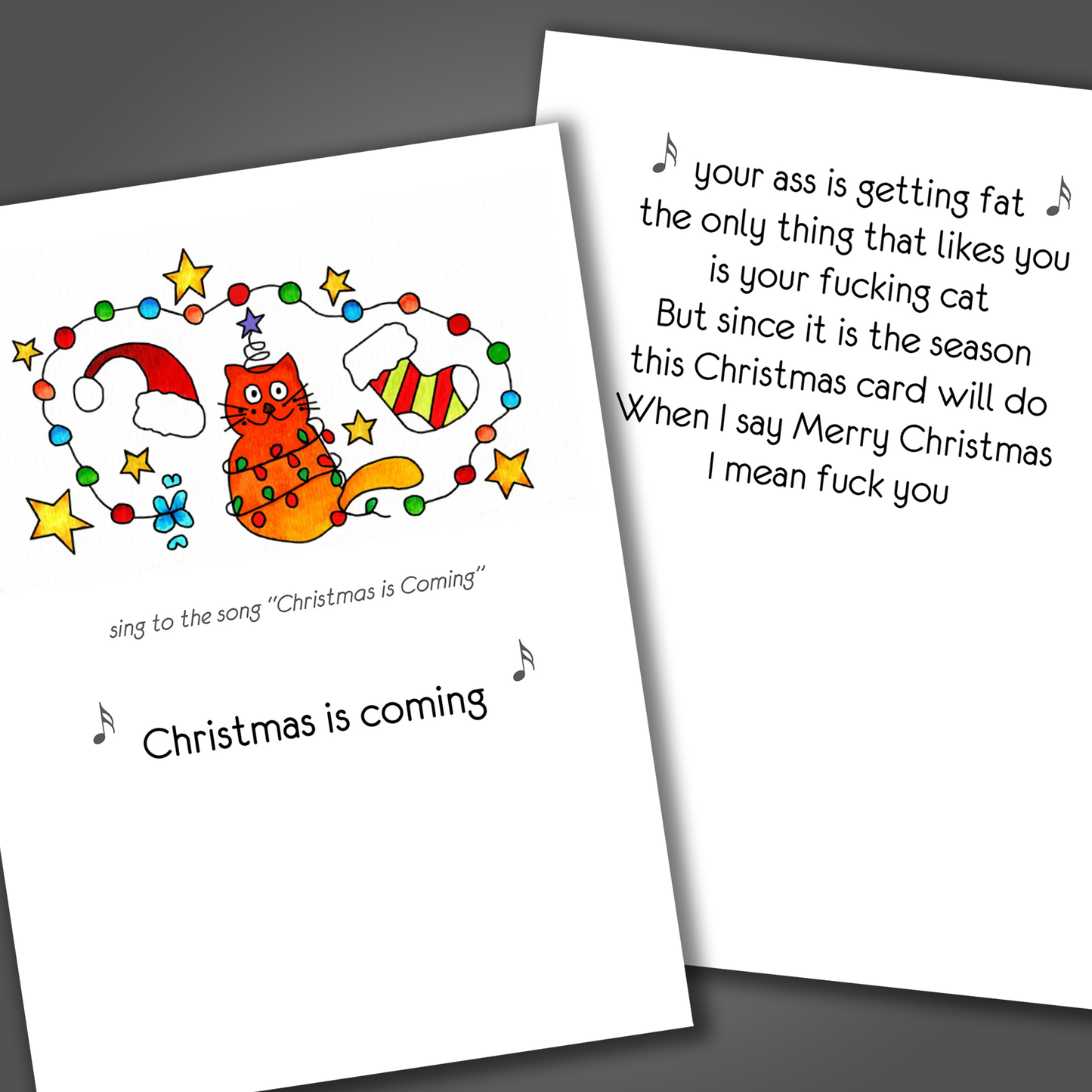 Merry Christmas card with a cat and the lyrics Christmas is coming written on front of card. Inside the card is a joke that says your ass is getting fuck and when I say Merry Christmas I mean fuck you.