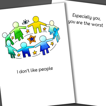 Funny divorce of break-up card with people holding hands on the front. Inside the card is a funny joke that says you are the worst!