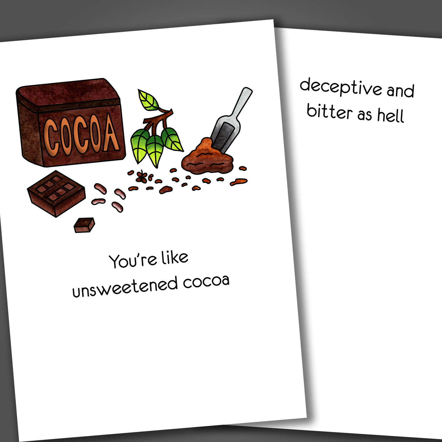 Funny divorce or breakup card with cocoa drawn on the front of the card. Inside the card is a joke that says the receiver is deceptive and bitter like unsweetened cocoa.