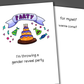 Funny gay card with the word party and a large cake drawn in purple on the front of the card. Inside the card is a funny joke inviting someone to a gay gender reveal party.