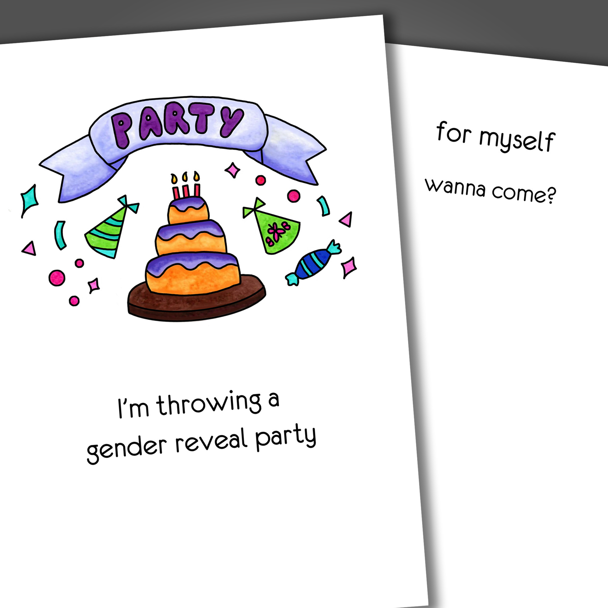Funny gay card with the word party and a large cake drawn in purple on the front of the card. Inside the card is a funny joke inviting someone to a gay gender reveal party.