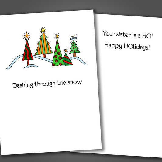 Funny Christmas card with "dashing through the snow" on the front. Inside the card is a funny joke that says your sister is a ho!