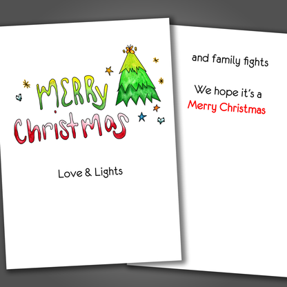 Funny Christmas card with a tree and Merry Christmas drawn on the front of the card. Inside is a funny joke that ends with Merry Chrismas!