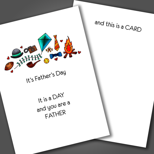 Funny fathers day card with a pipe, hat, kite and football drawn on the front of the card. Inside the card is a funny joke for the dad.