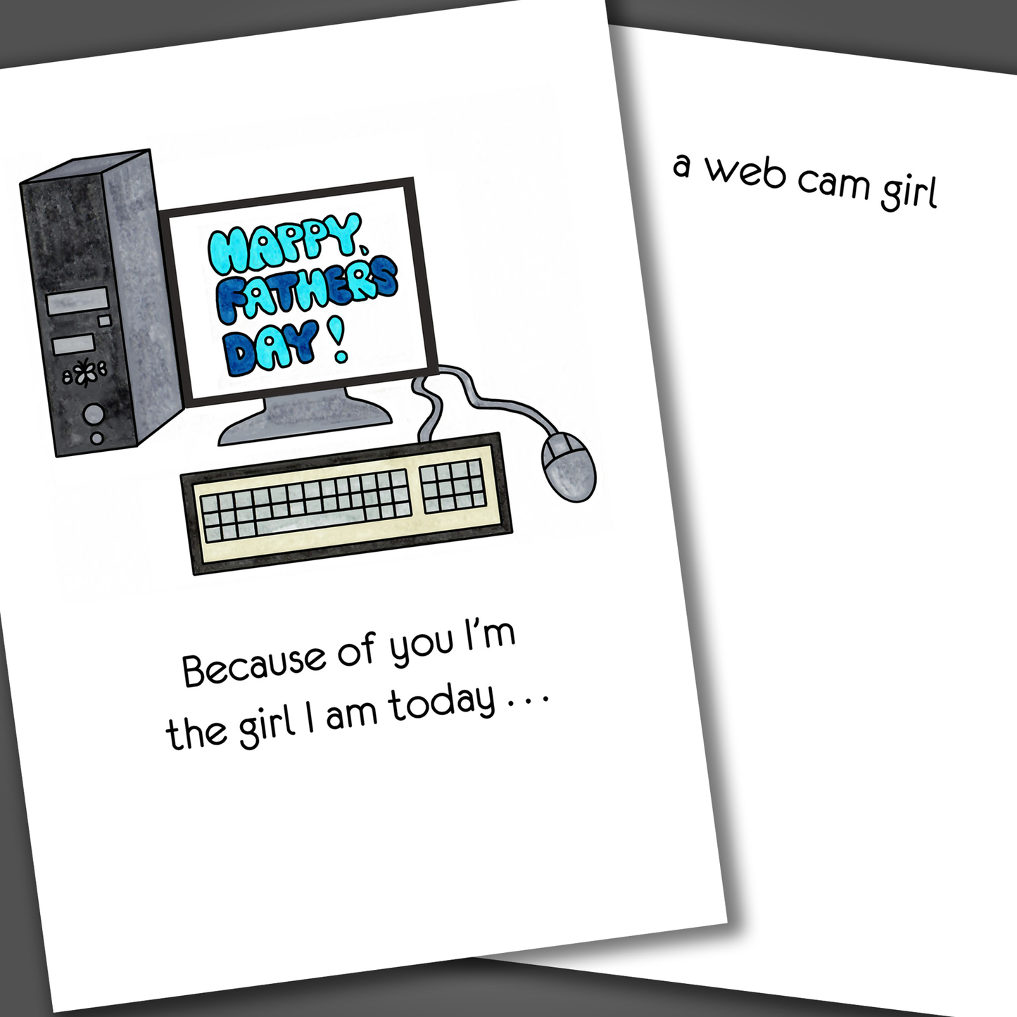 Funny happy father's day card with a computer drawn on the front of the card. Inside the card is a funny joke that says I am a web cam girl because of you dad.
