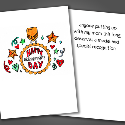 Funny Happy grandparent's day card with a medal and stars drawn on the front of the card. Inside the card is a funny joke that ends with anyone who puts up with my mom deserves a medal!