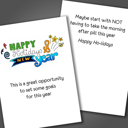 Funny happy holidays and happy new year card with both words drawn on the front of the card in blue and yellow. Inside the card is a funny joke for a woman that ends in happy ho-lidays.