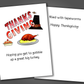 Funny Thanksgiving card with a turkey, pie and pilgrim hat drawn on the front of the card. Inside the card is a funny joke that wishes you get tapeworms and happy Thanksgiving!
