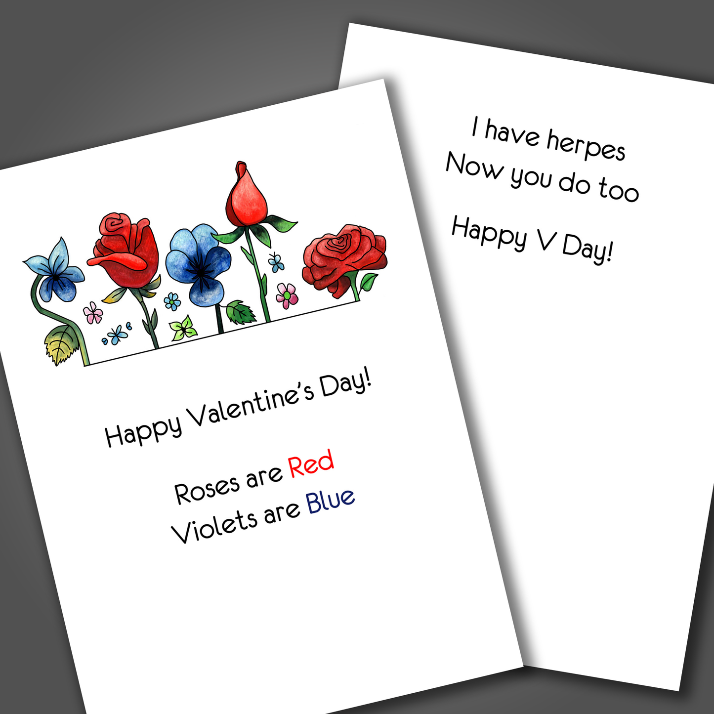Happy Valentine's day card with red and blue flowers drawn on front of the card. Inside the card is a funny joke that says I have herpes, happy V Day!