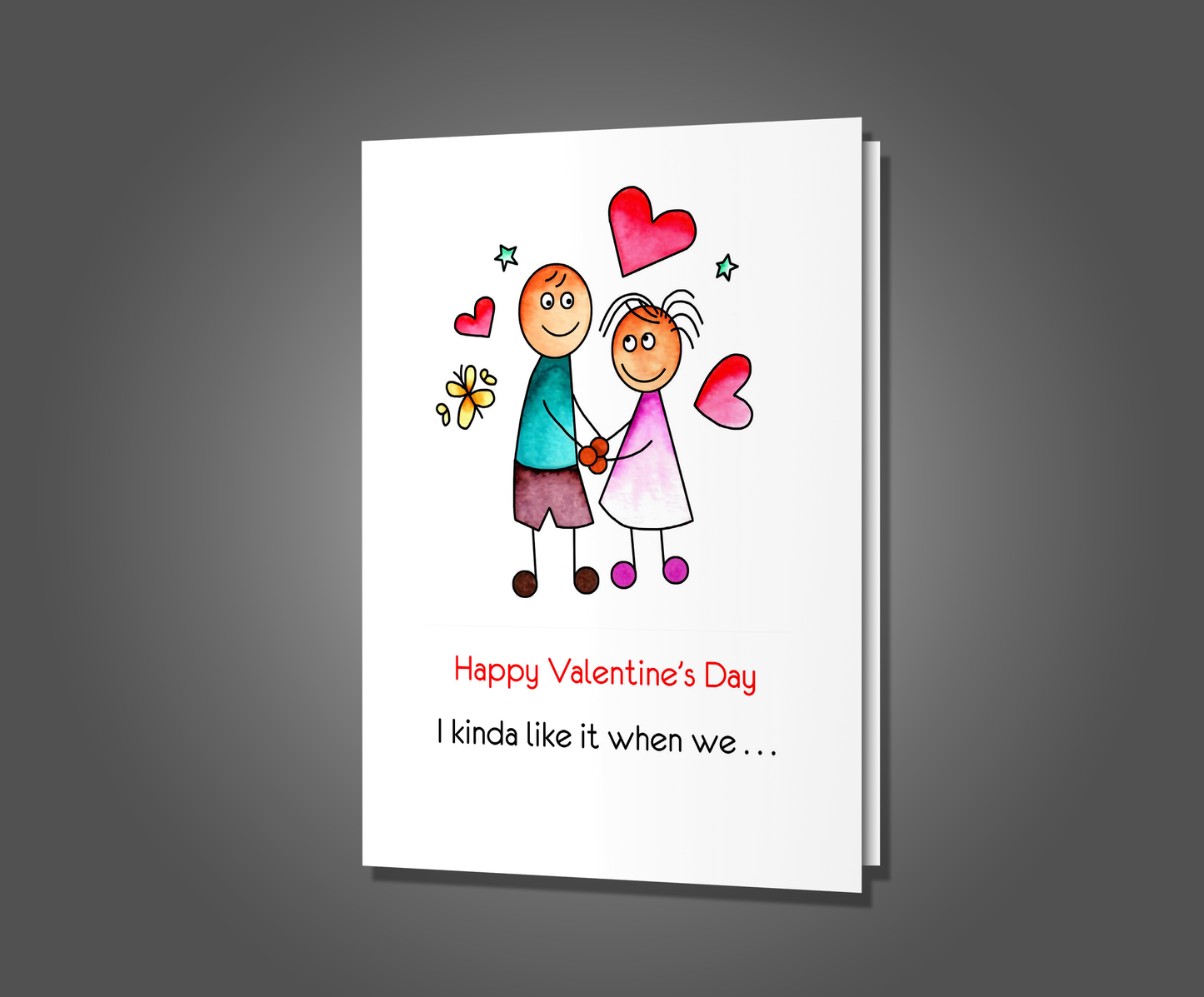 Funny Valentine's day card with a man and woman holding hands drawn on front of the card. Inside the card is a funny joke that says I would rather look at your balls instead of your face.