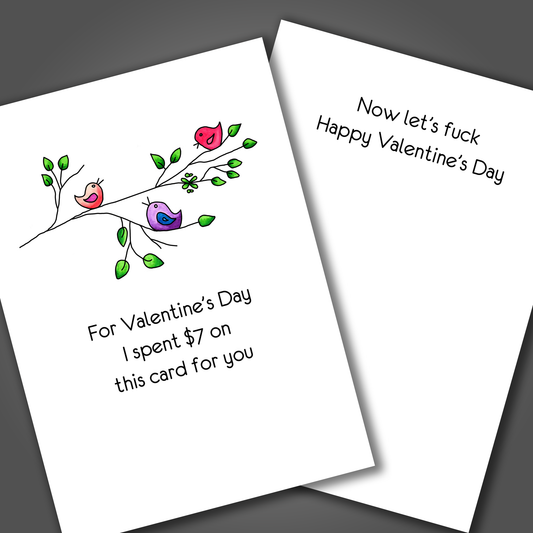 Funny Valentine's day card with 3 birds hand drawn and sitting on a tree branch. Inside the card is a funny joke says let's fuck!