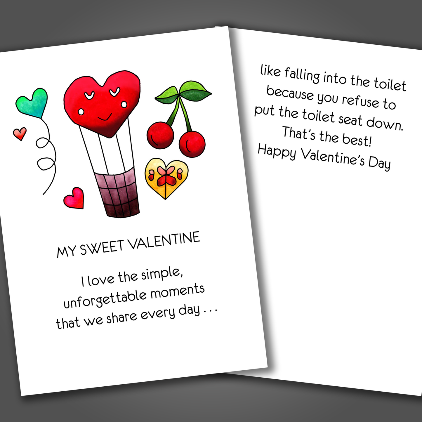 Funny Valentine's Day card with a multiple hearts and a balloon drawn on the front of the card. Inside the card is a funny joke that ends in Happy Valentine's Day!
