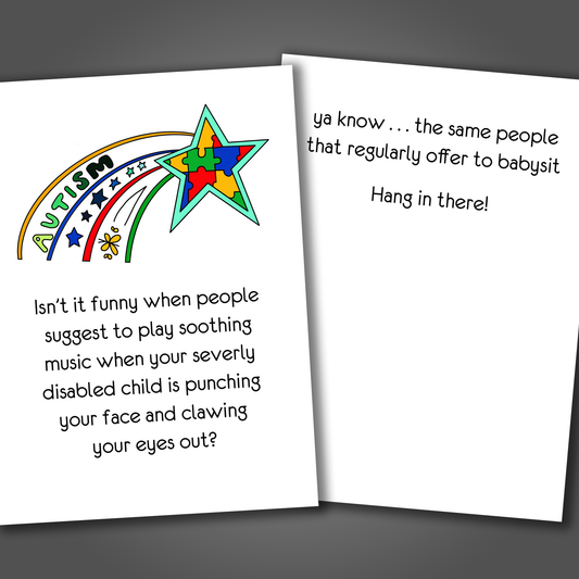 Funny autism support card with a rainbow start and puzzle pieces drawn inside the start on the front of the card. Inside the card is a funny joke to encourage the recipient.