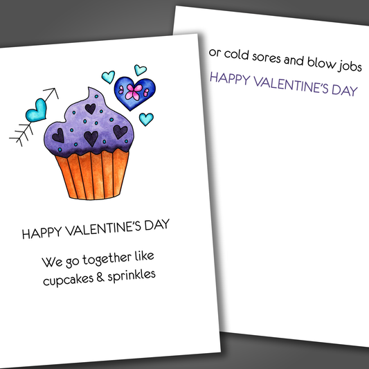 Funny Valentine's Day card with a purple cupcake and hearts drawn on the front of the card. Inside the card is a funny joke that ends in Happy Valentine's Day!